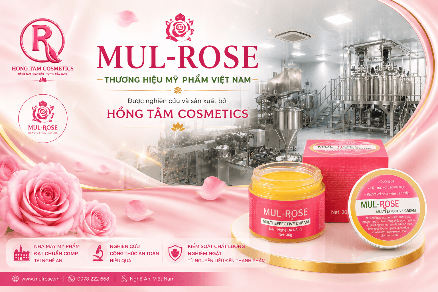 Thương hiệu mỹ phẩm Mul Rose chính hãng được nghiên cứu và sản xuất bởi Hồng Tâm Cosmetics