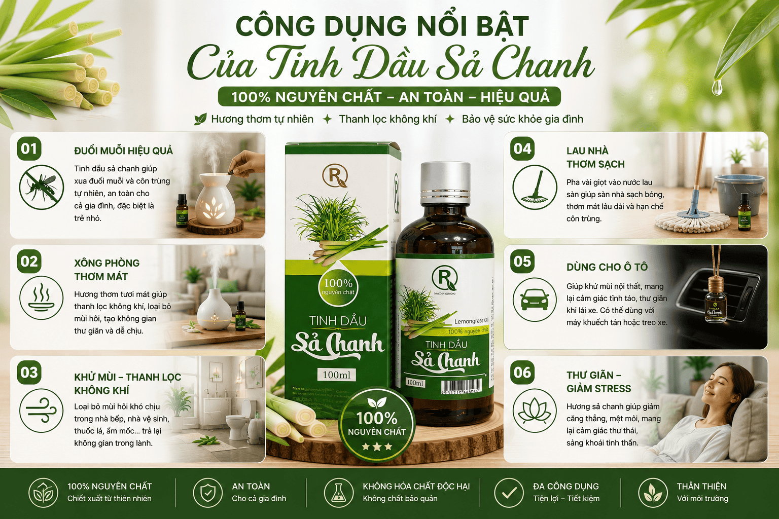 Tinh Dầu Sả Chanh Nguyên Chất 100ml Đuổi Muỗi Xông Phòng Khử Mùi Hiệu Quả