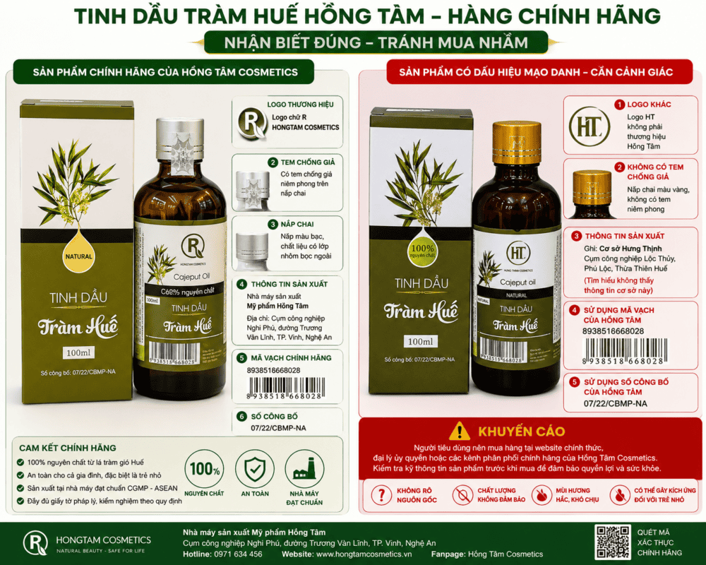 Review Tinh Dầu Tràm Huế Hồng Tâm Mul Rose 100ml Chính Hãng – Hương Thơm Tự Nhiên Cho Không Gian Sống Đẳng Cấp Những điểm cần lưu ý khi mua tinh dầu Tràm Huế chính hãng. Kiểm tra logo thương hiệu, tem chống giả, mã vạch 8938518668028, số công bố 07/22/CBMP-NA, thông tin nhà sản xuất và nguồn gốc sản phẩm trước khi mua.