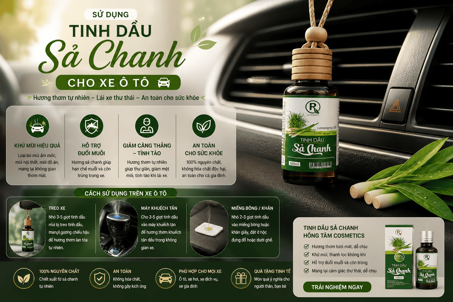 tinh dầu sả chanh nguyên chất sử dụng khử mùi làm thơm nội thất xe ô tô