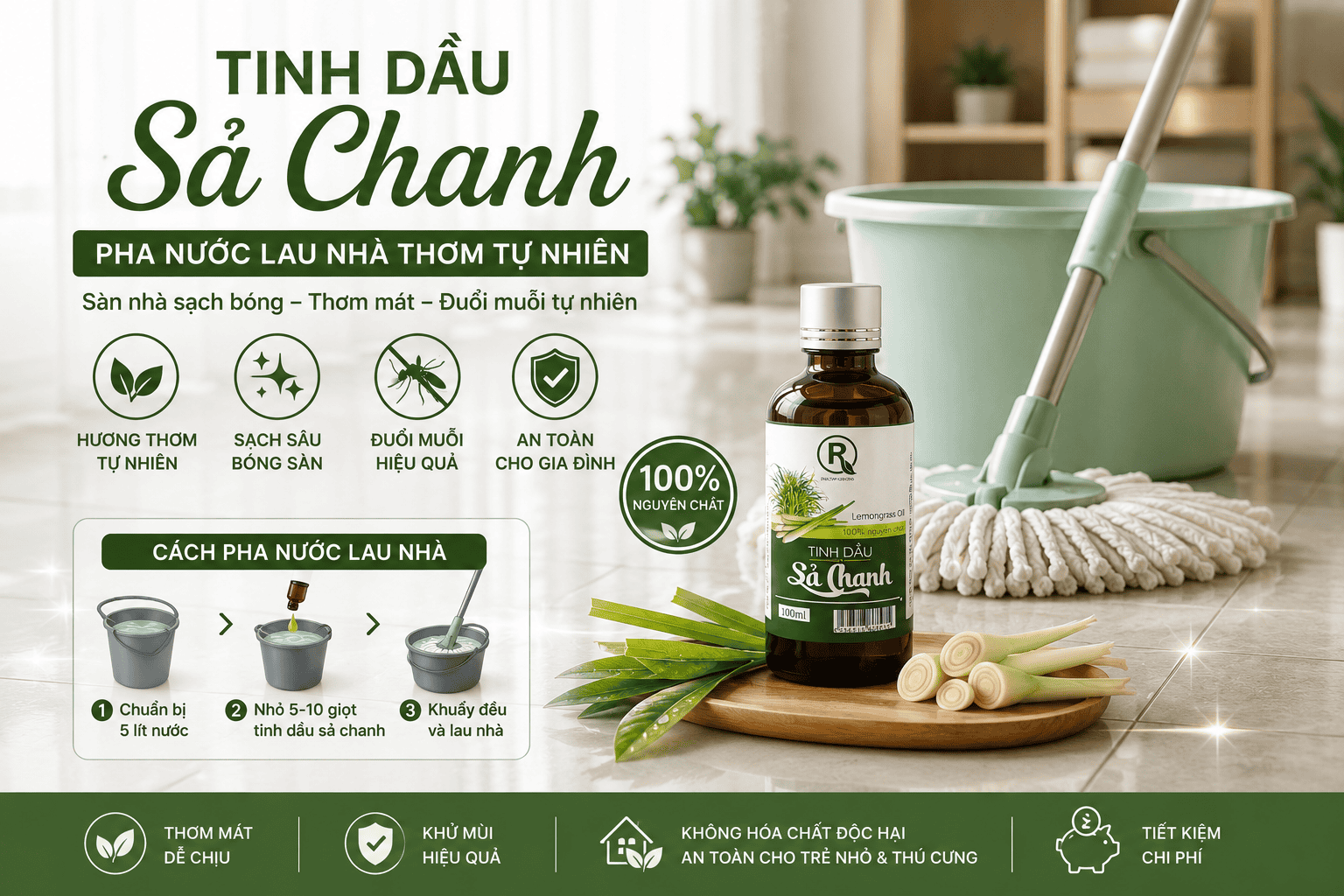 Tinh dầu sả chanh nguyên chất 100ml được sản xuất bởi Hồng Tâm Cosmetics. Sản phẩm có hương thơm tự nhiên, giúp đuổi muỗi, xông phòng thơm mát, khử mùi không khí, lau nhà và sử dụng cho xe ô tô. Phù hợp cho gia đình, văn phòng, spa và khách sạn.