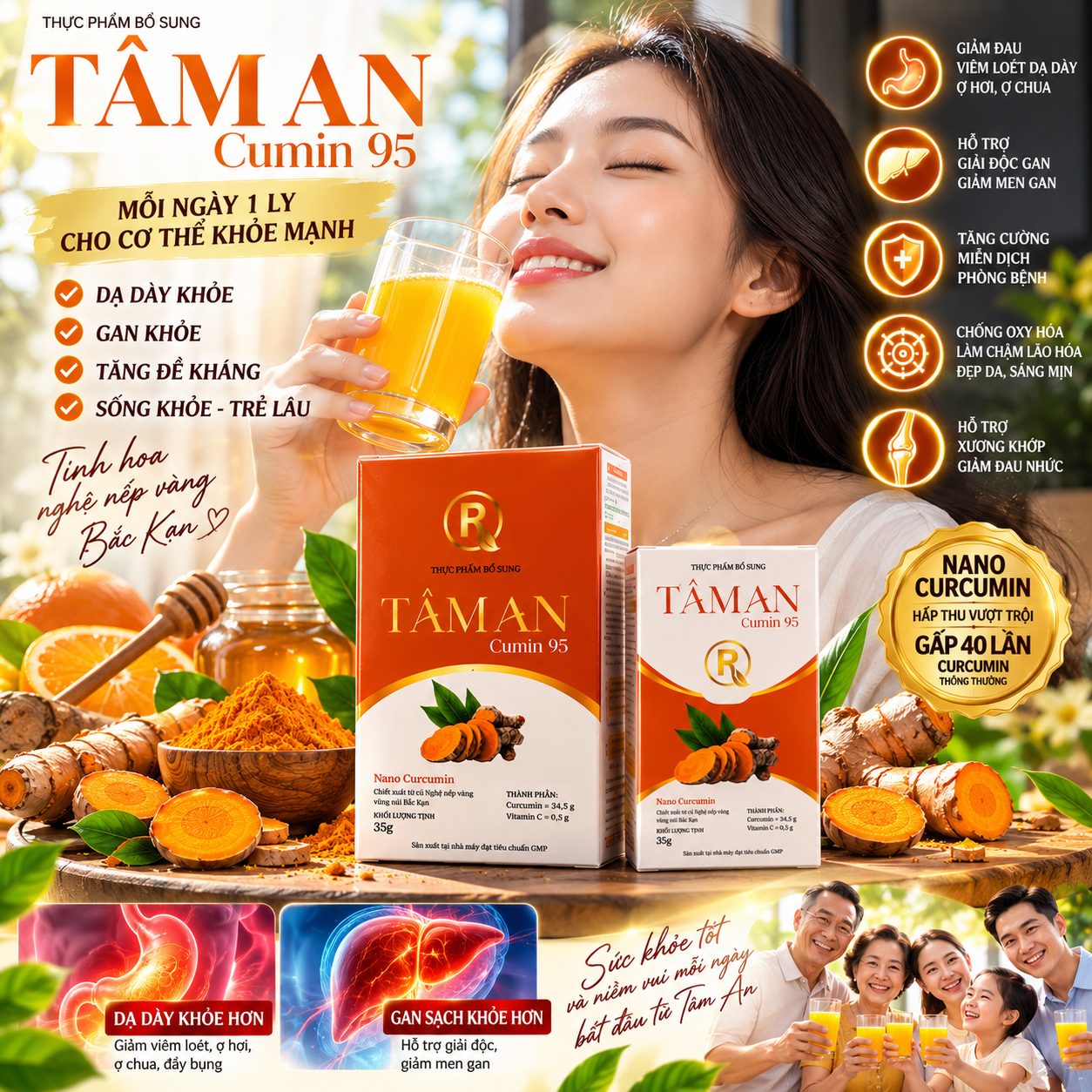 Tâm An Cumin 95 Nano Curcumin từ nghệ nếp vàng Bắc Kạn 35g
